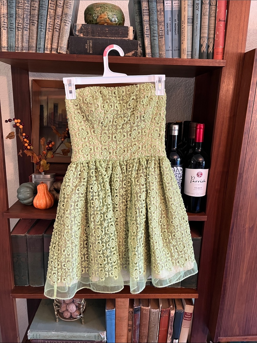 RED Valentino Light Green Floral Lace Strapless Dress